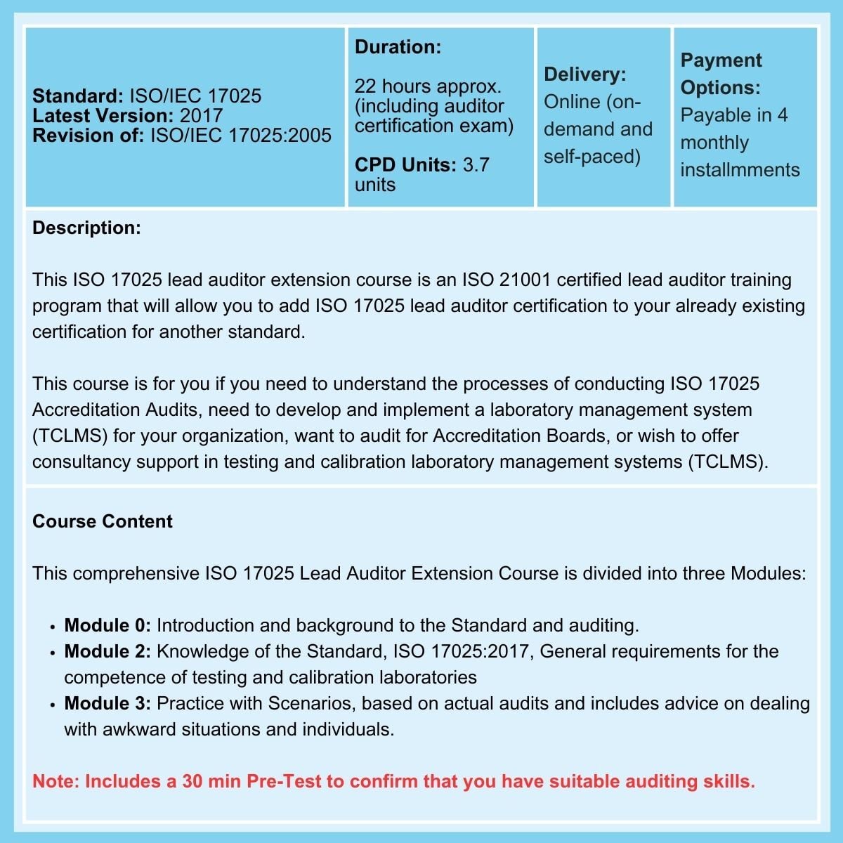 ISO 17025 Lead Auditor Extension Course summary