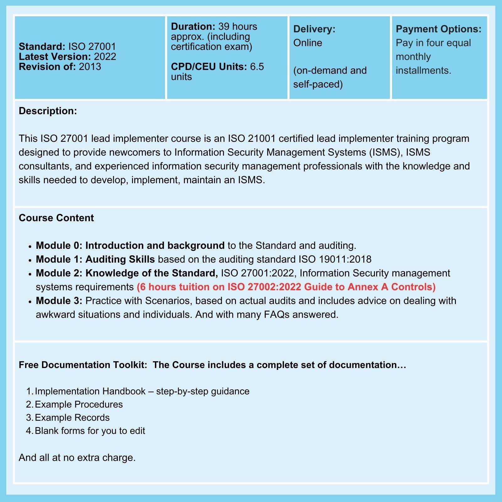 ISO 27001 Lead Implementer Course Summary